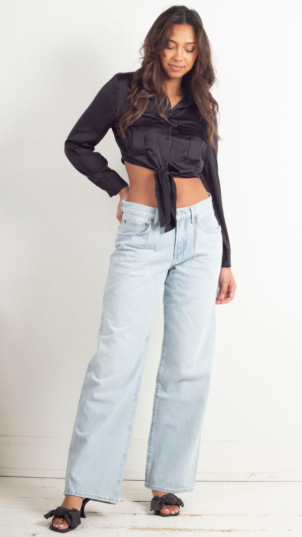 Avery Tie Front Cropped Button Down - Black