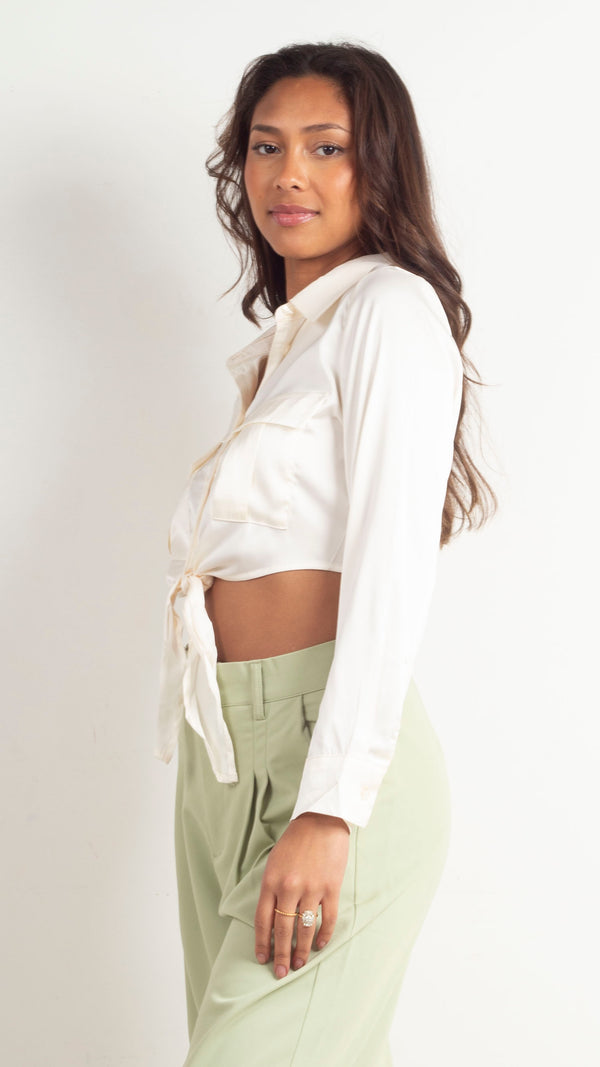 Avery Tie Front Cropped Button Down - Ivory