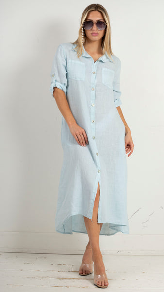 Linen Maxi Shirt Dress - Spruce