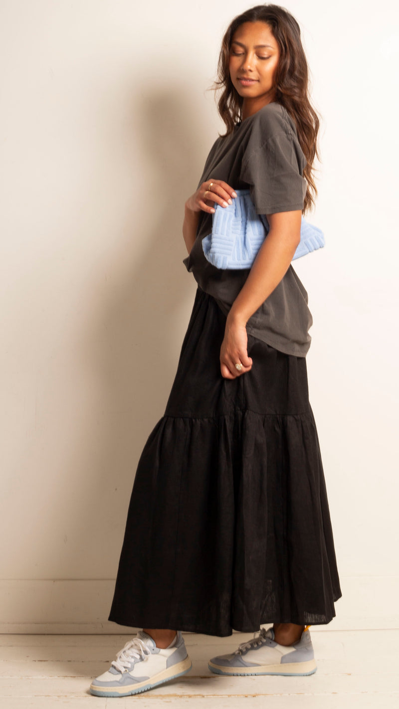 Summer Linen Tiered Maxi Skirt - Black