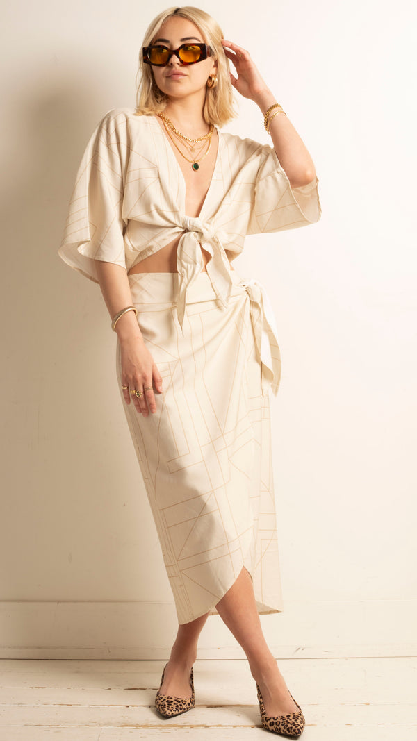 Dahlia Wrap Top & Skirt Set - Tan Grid
