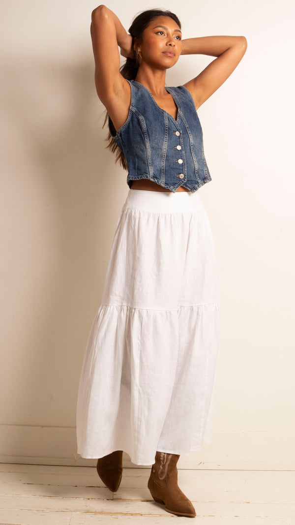 Summer Linen Tiered Maxi Skirt - White