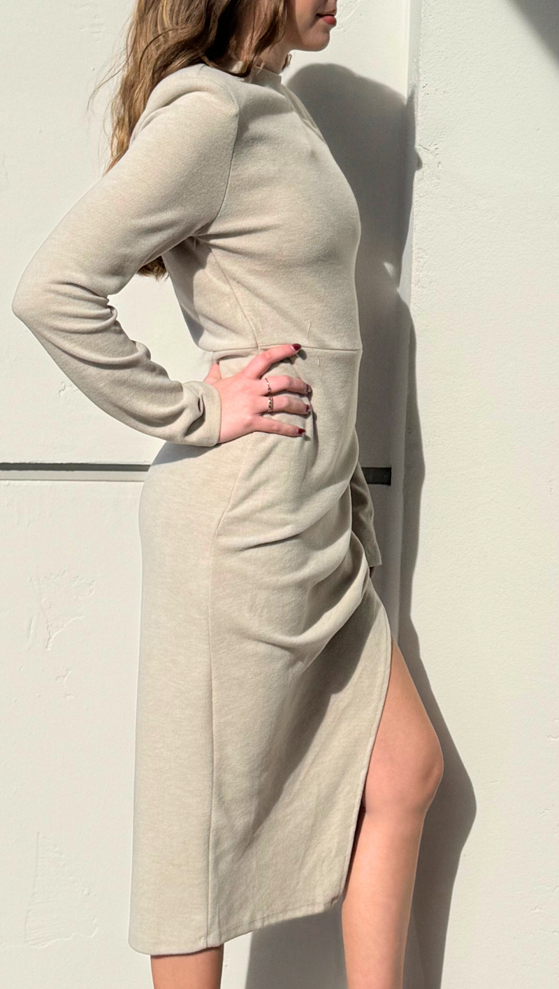 Khair Shoulder Padded Midi Dress - Taupe