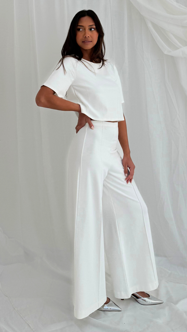 Ponte Knit Wide Leg Pant Cropped - Off White