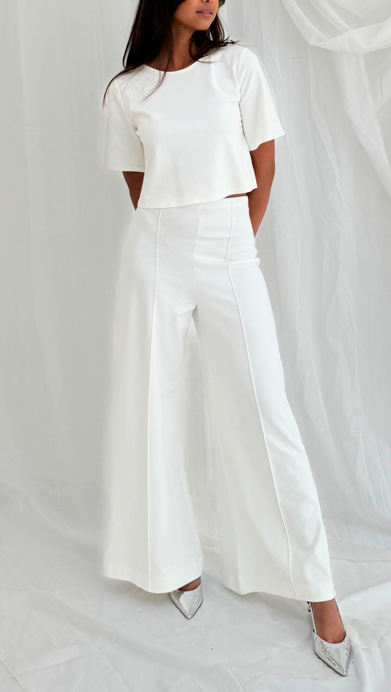 Ponte Knit Wide Leg Pant Cropped - Off White