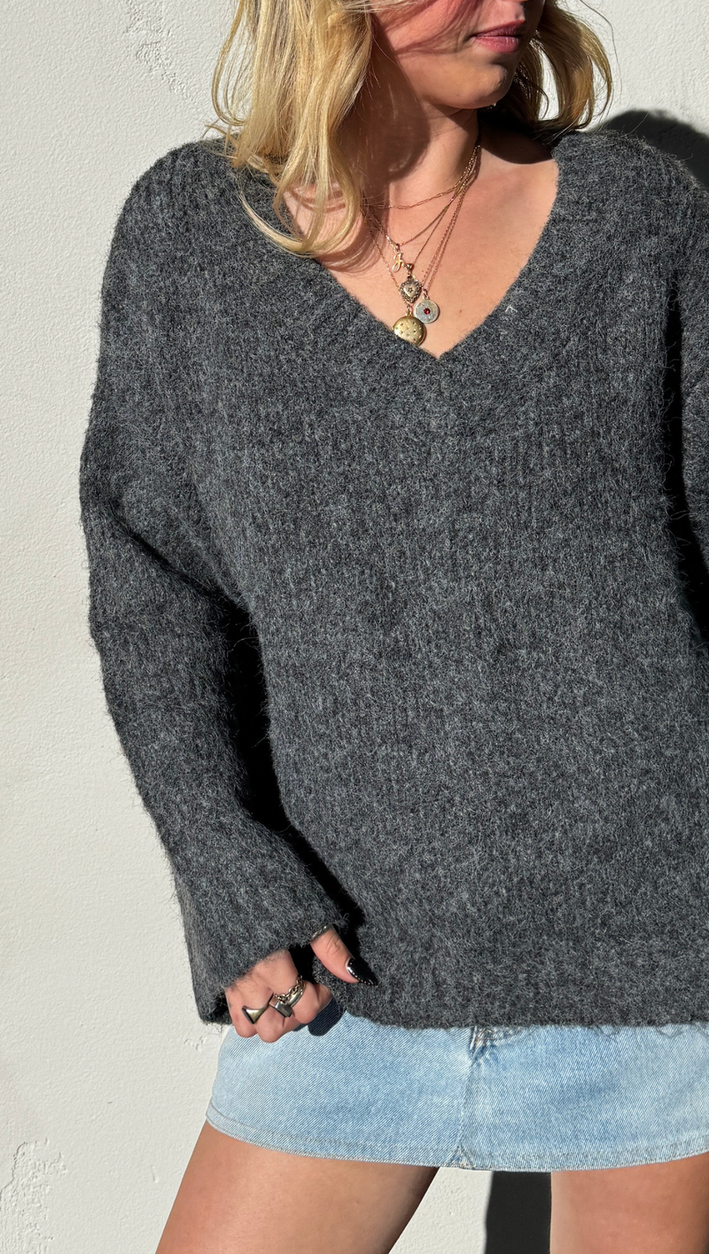 Heather V Neck Sweater - Charcoal