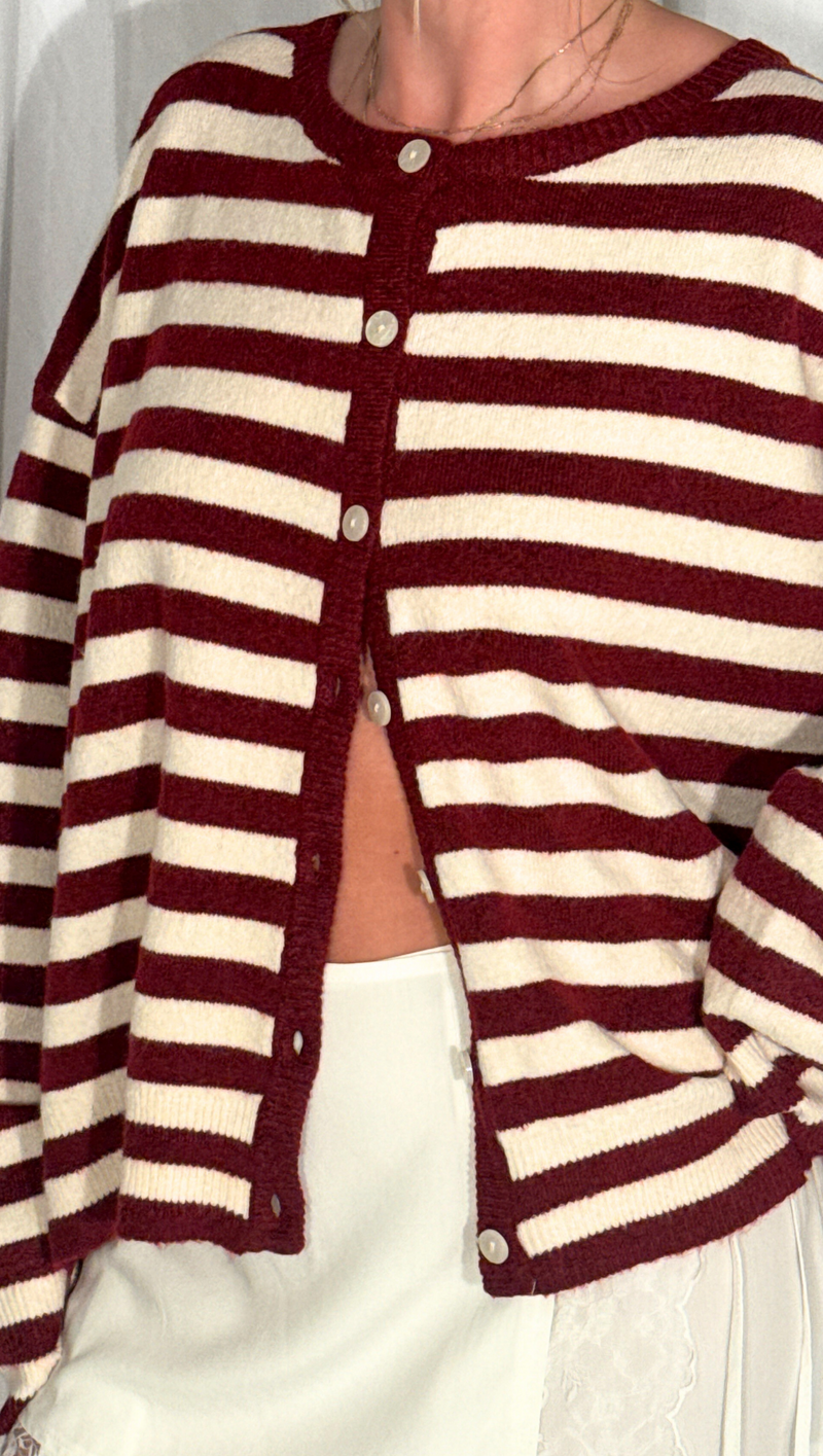 Mabel Striped Button Up Cardigan - Crimson/Cream