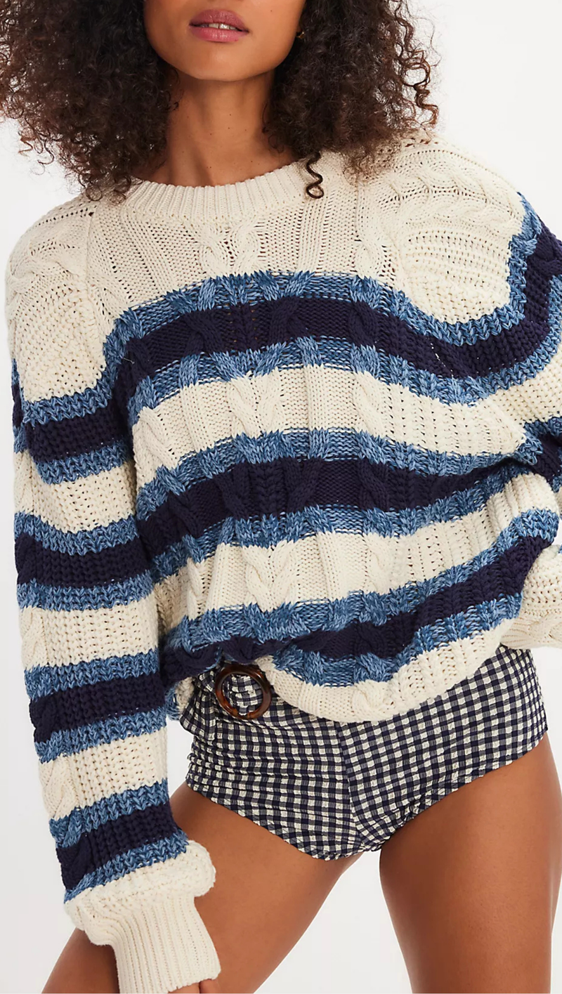Frankie Cable Striped Pullover - Ivory Combo