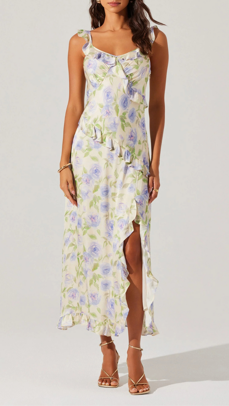 Rosalina Satin Ruffle Midi Dress - Cream
