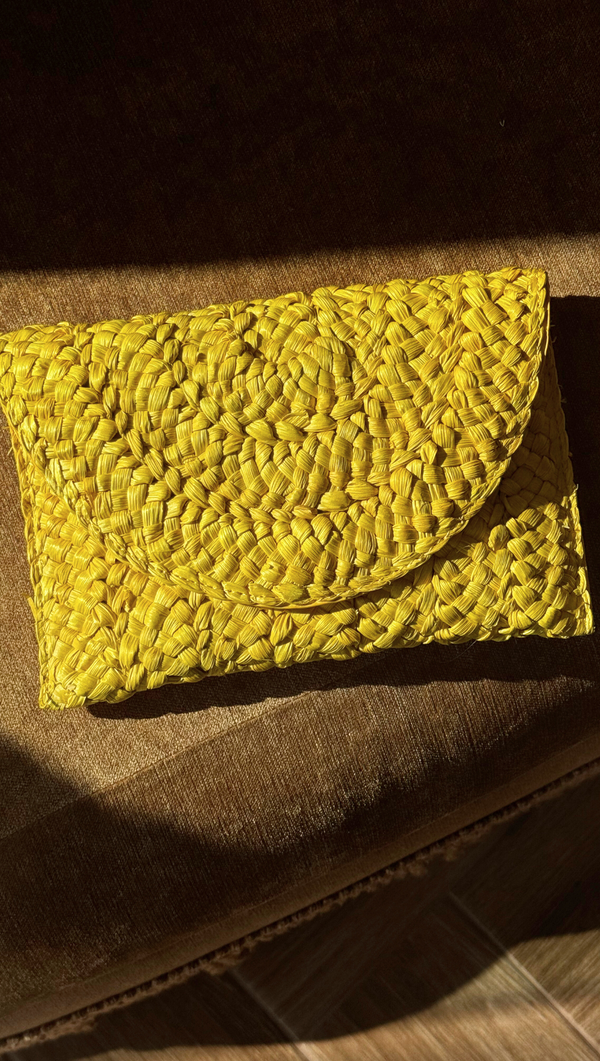 Raffia Flap Clutch - Yellow