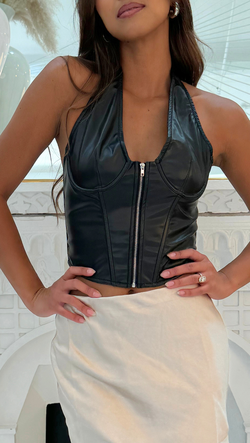 Rosalie Leather Halter Top - Black