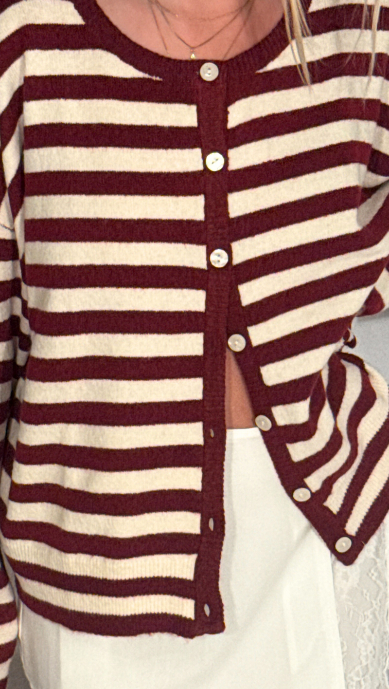 Mabel Striped Button Up Cardigan - Crimson/Cream