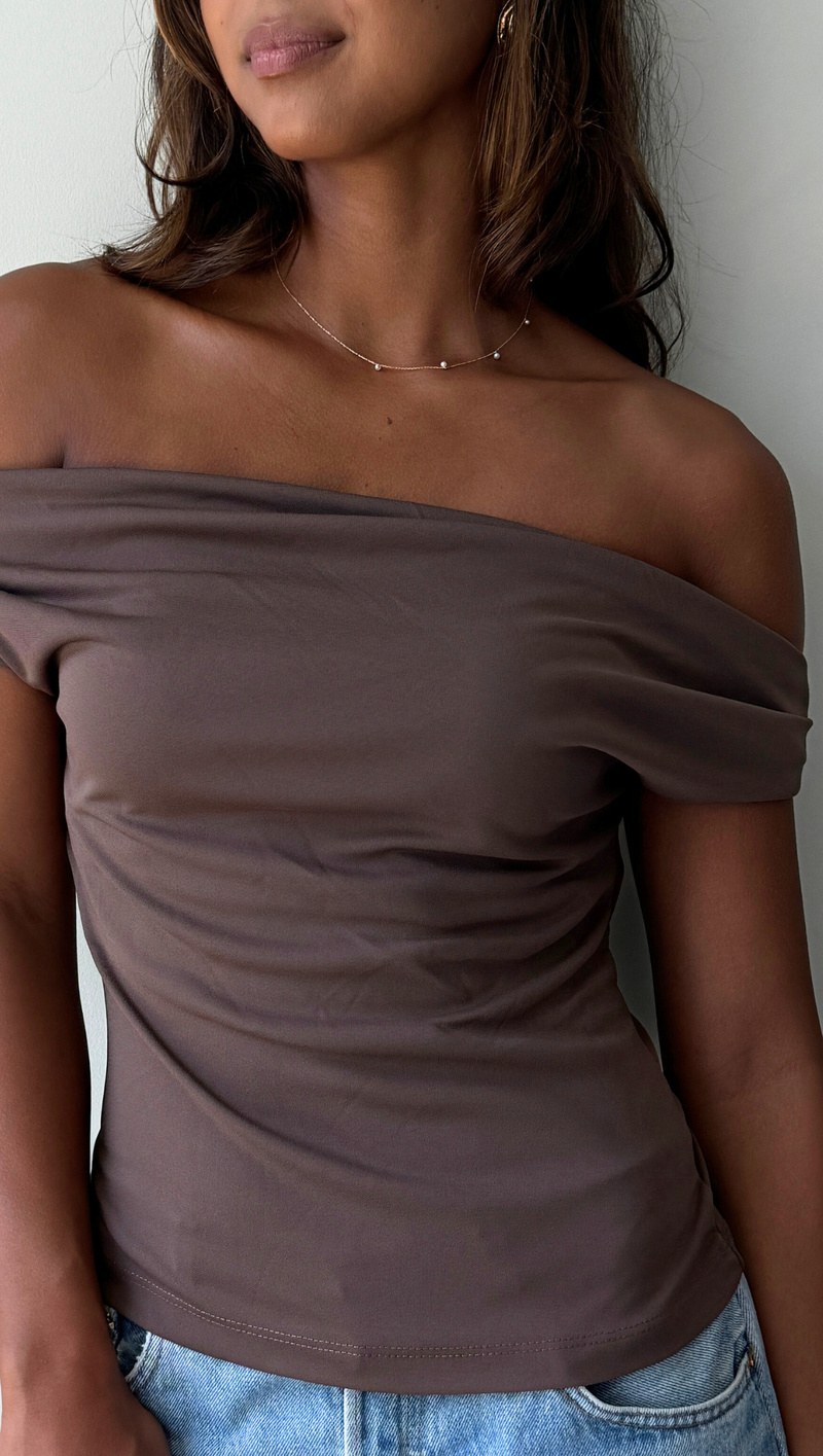Heather Off Shoulder Tank - Mocha