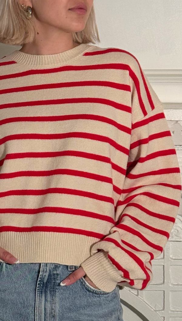 Joelle Cropped Striped Sweater - Red