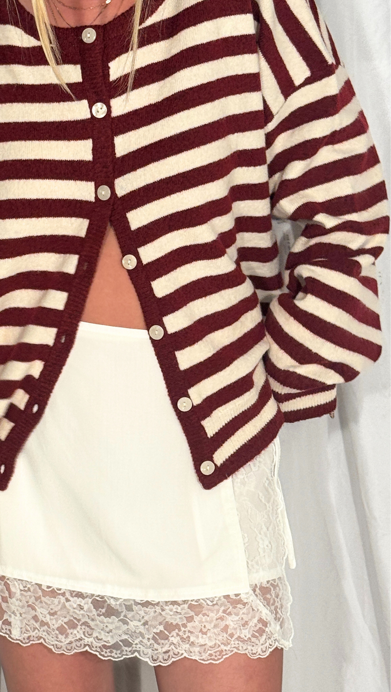 Mabel Striped Button Up Cardigan - Crimson/Cream