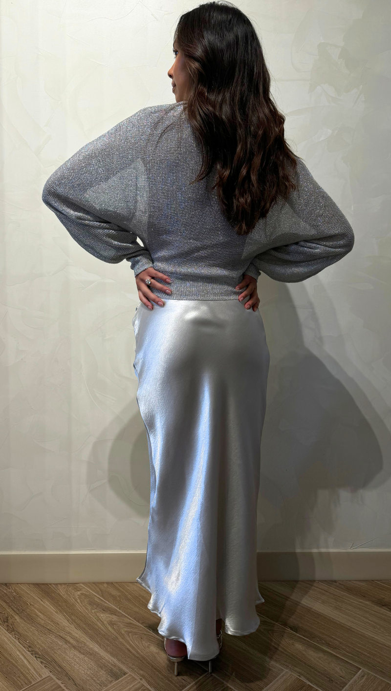 Stella Satin Midi Skirt - Silver