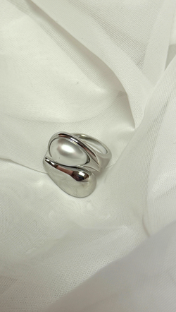 Water Drop Pearl Adjustable Ring -Stainless Steel