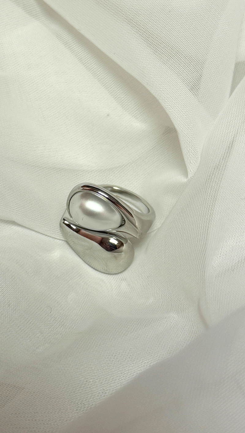 Water Drop Pearl Adjustable Ring -Stainless Steel