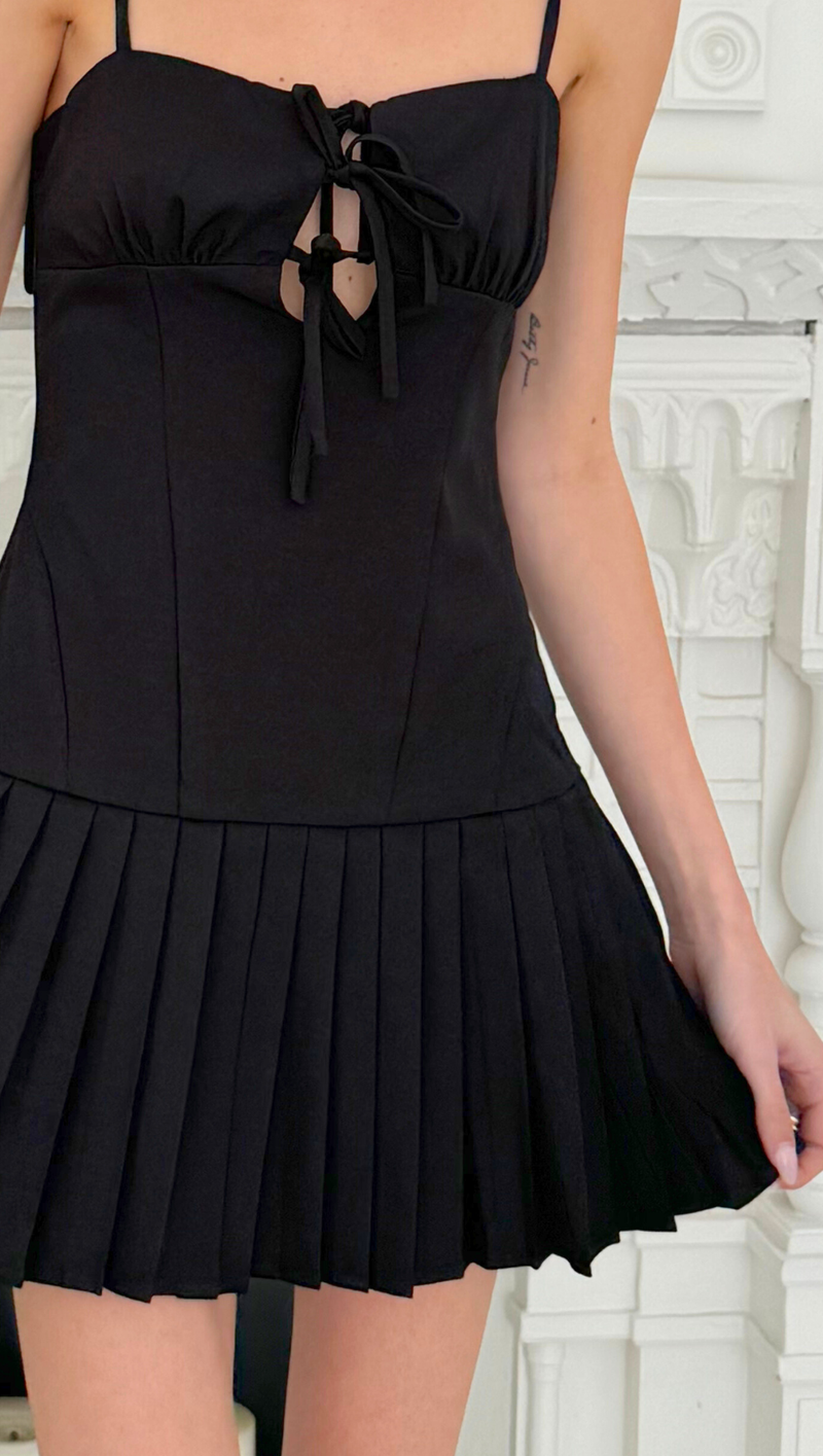 Kenny Pleated Drop Waist Mini Dress - Black