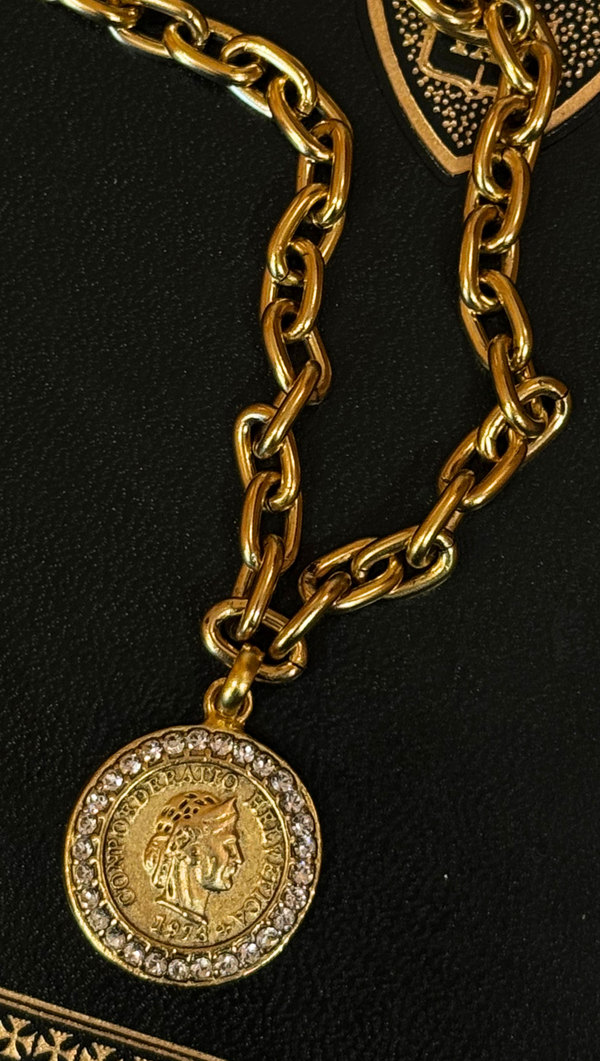 Coin Necklace With Rhinestones - Gold