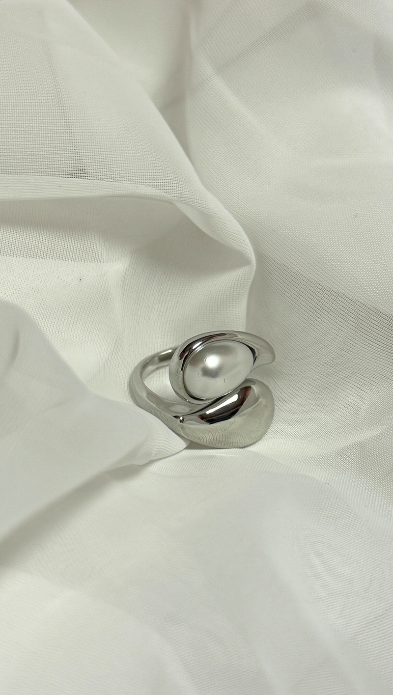 Water Drop Pearl Adjustable Ring -Stainless Steel