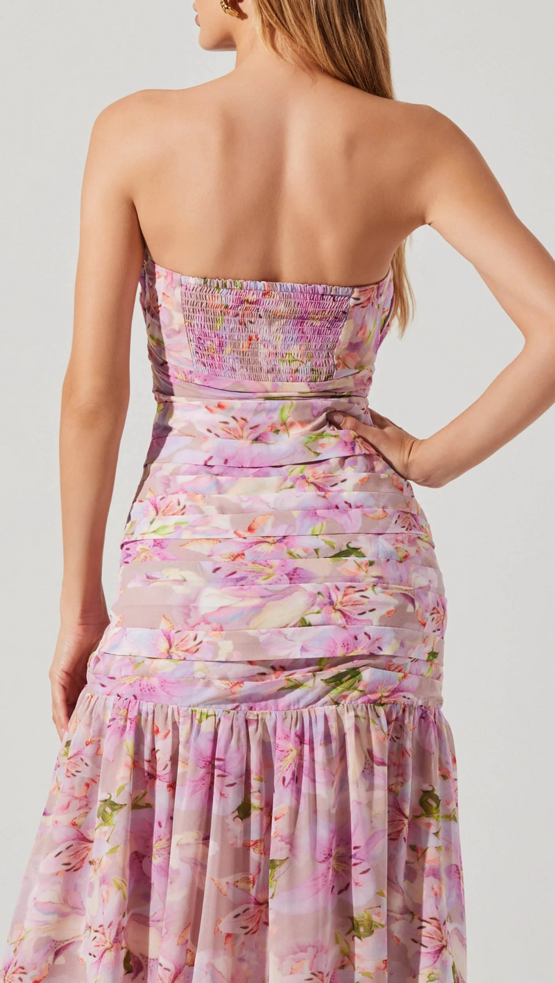 ASTR the Label | Estefany Strapless Pleated Floral Maxi Dress in Pink Floral | Size L ASTR the Label | Estefany Strapless Pleated Floral Maxi Dress in Pink Floral | Size L
