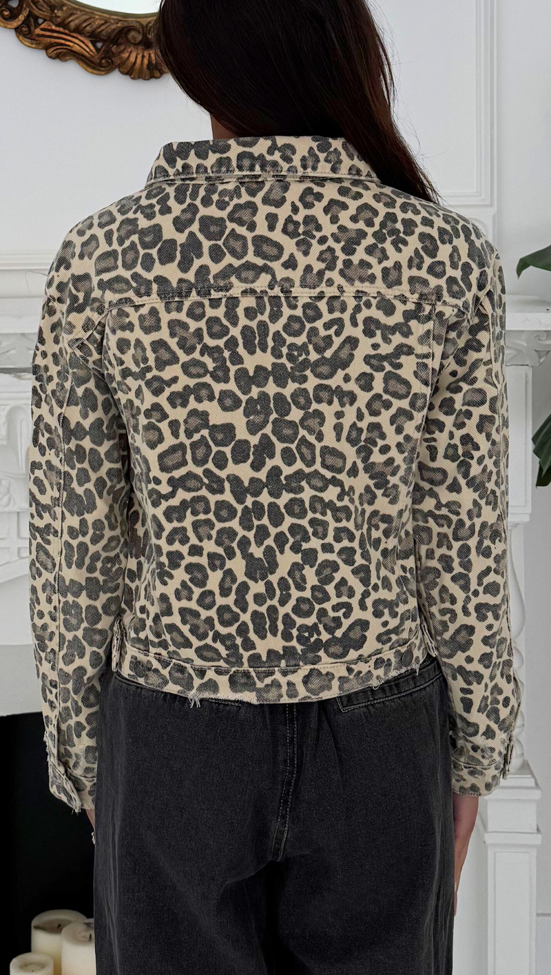 Alessandra Leopard Denim Crop Jacket - Biscotti