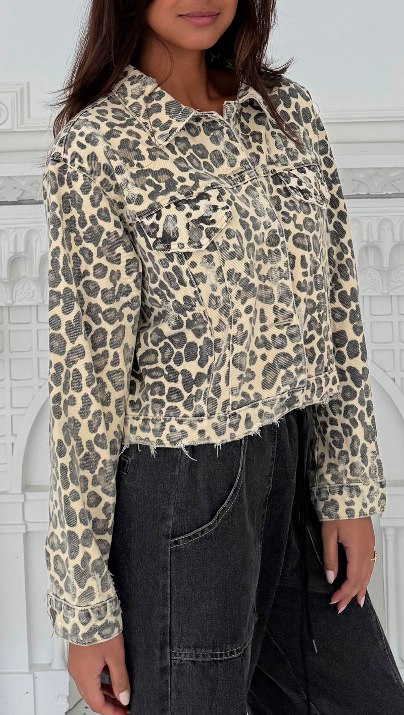 Alessandra Leopard Denim Crop Jacket - Biscotti