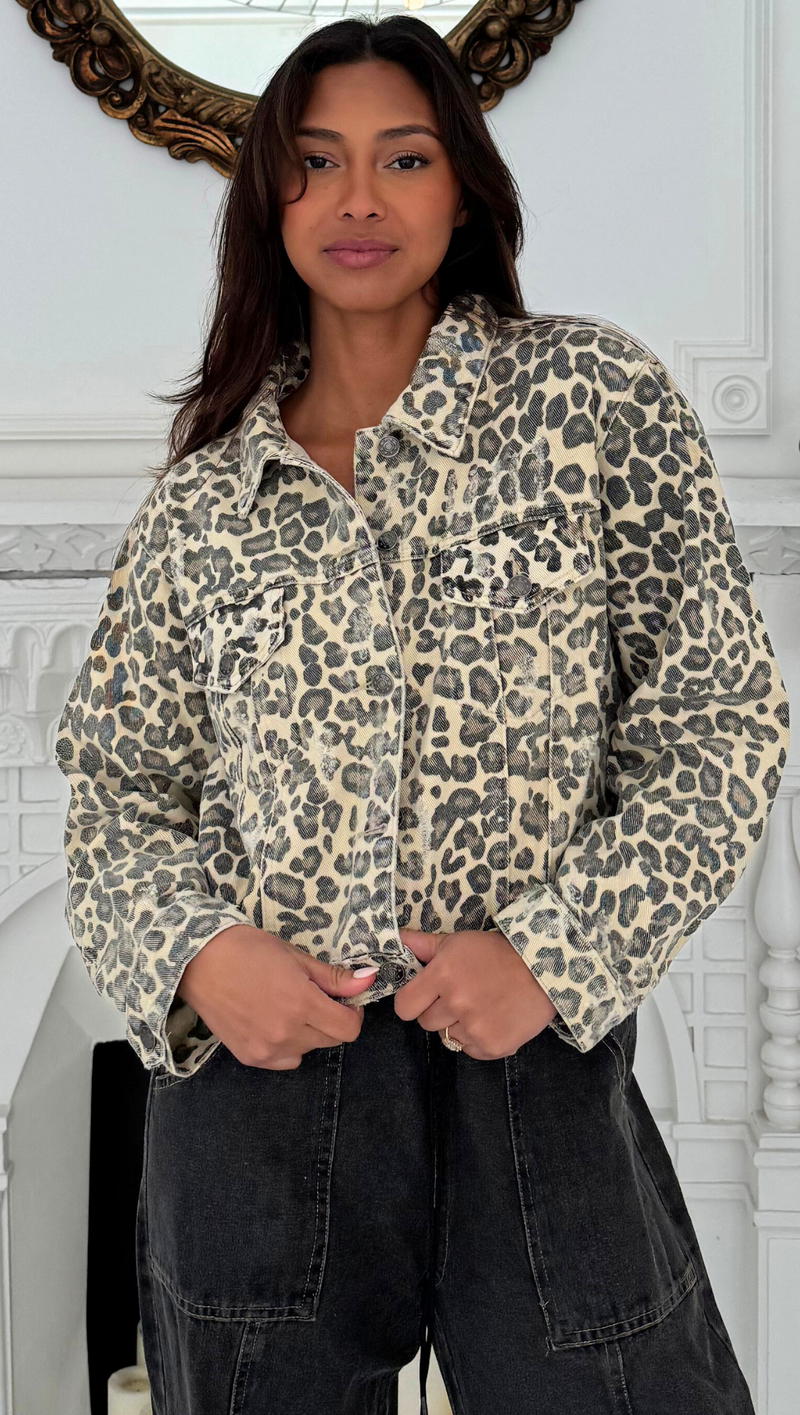 Alessandra Leopard Denim Crop Jacket - Biscotti