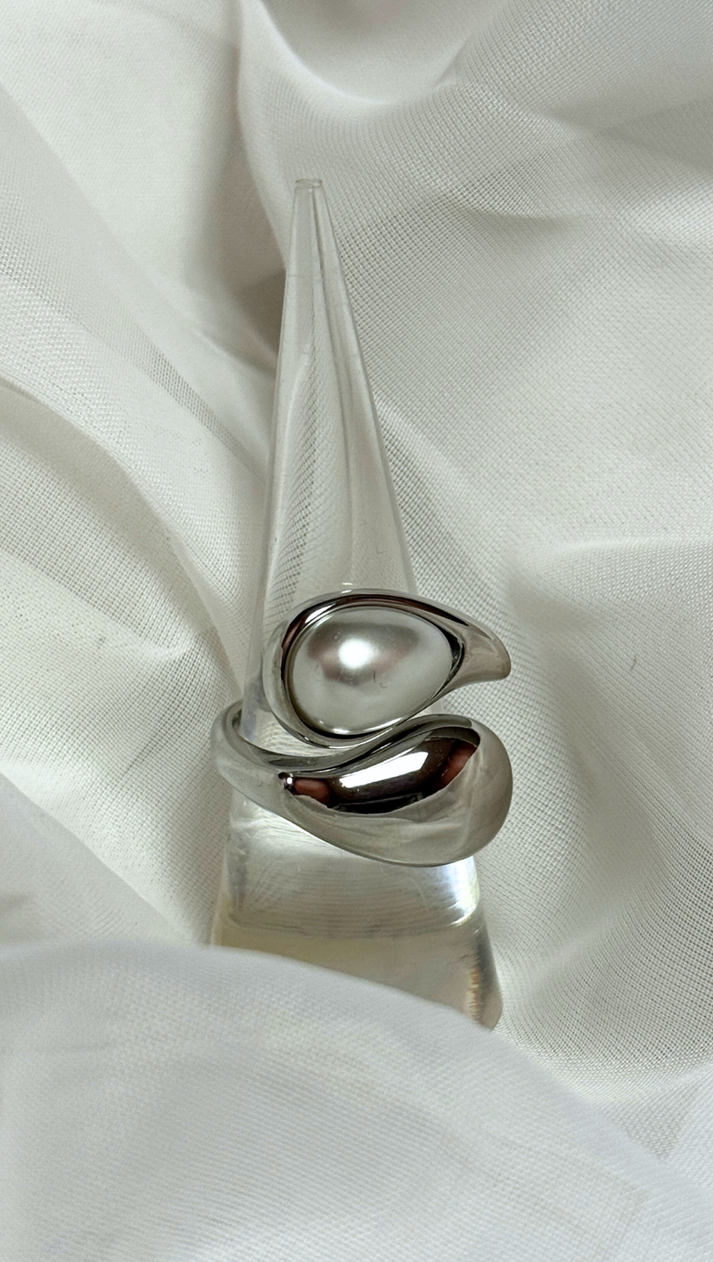 Water Drop Pearl Adjustable Ring -Stainless Steel