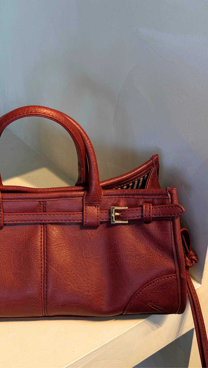 Double Buckle Crossbody Shoulder Bag - Burgundy