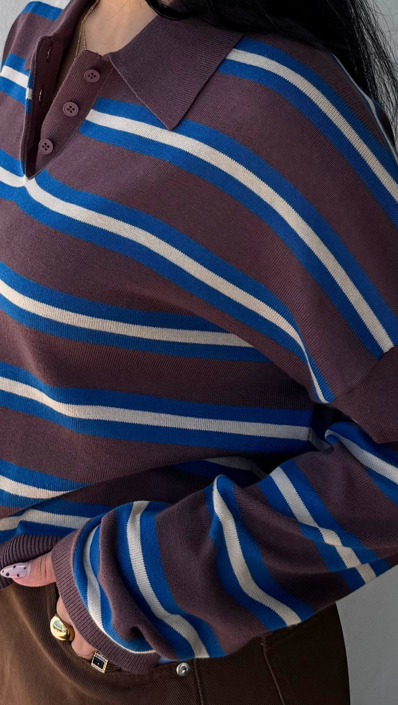 Teddy Rugby Pullover - Brown Stripe