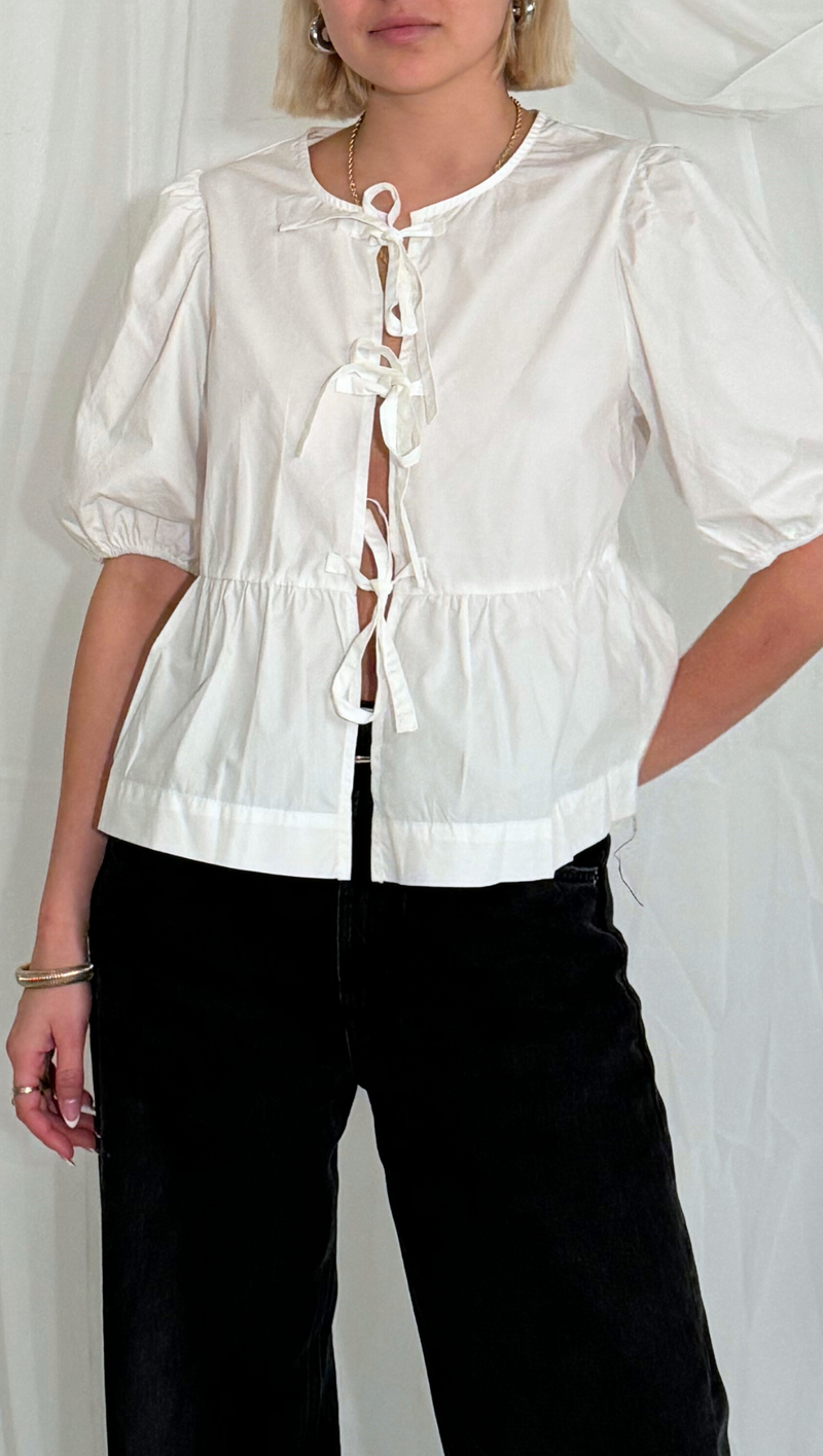 Penelope Tie Short Sleeve Blouse - Off White