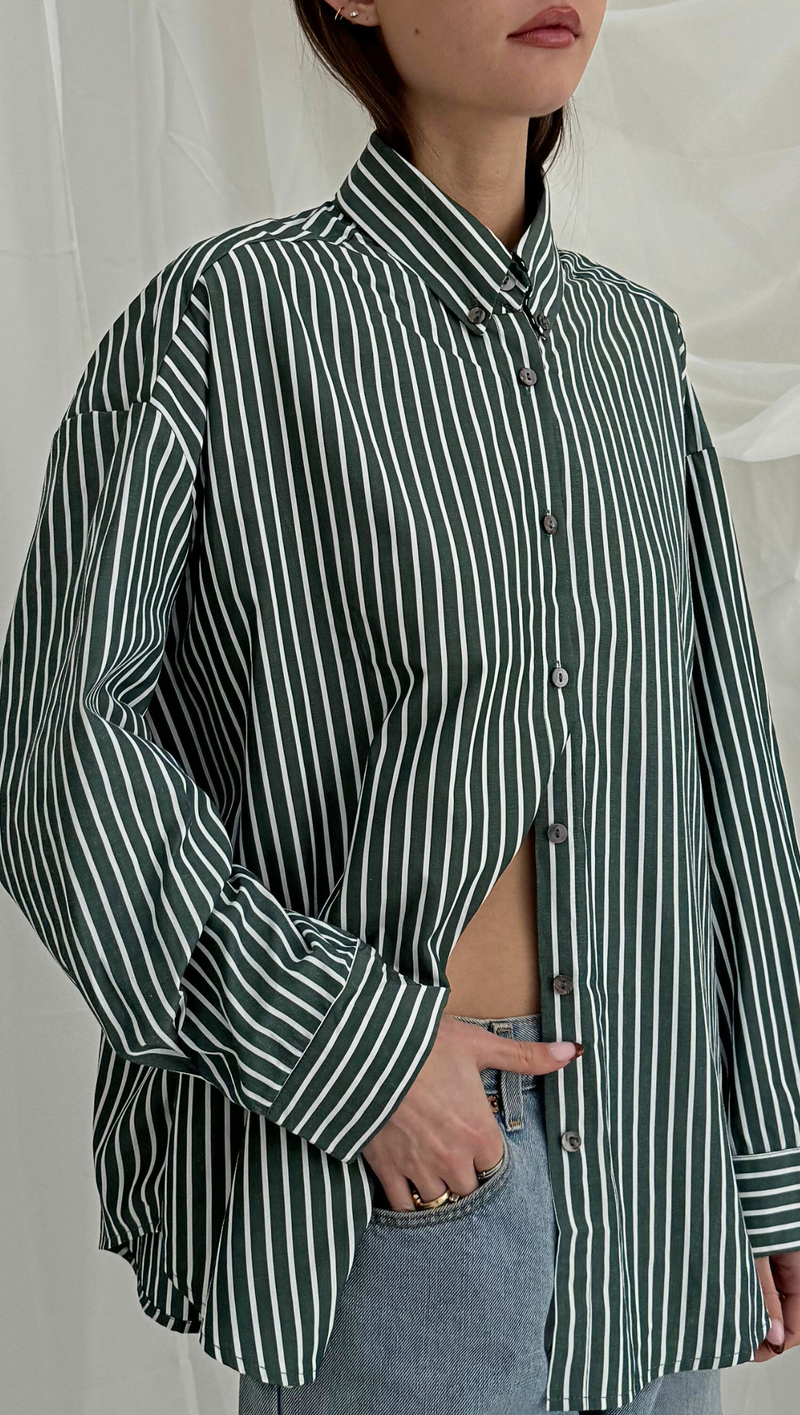 Elle Striped Button Down - Green/ White