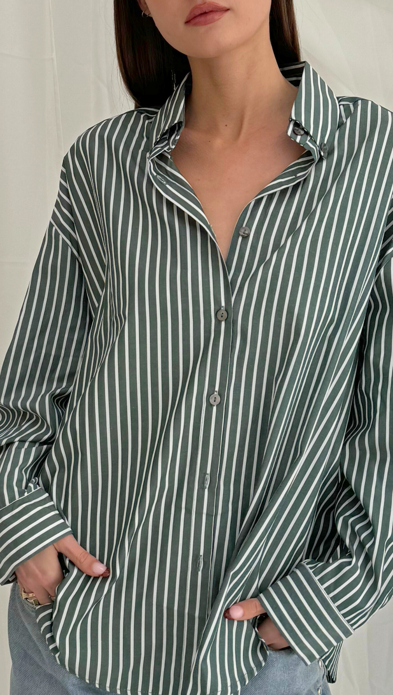 Elle Striped Button Down - Green/ White