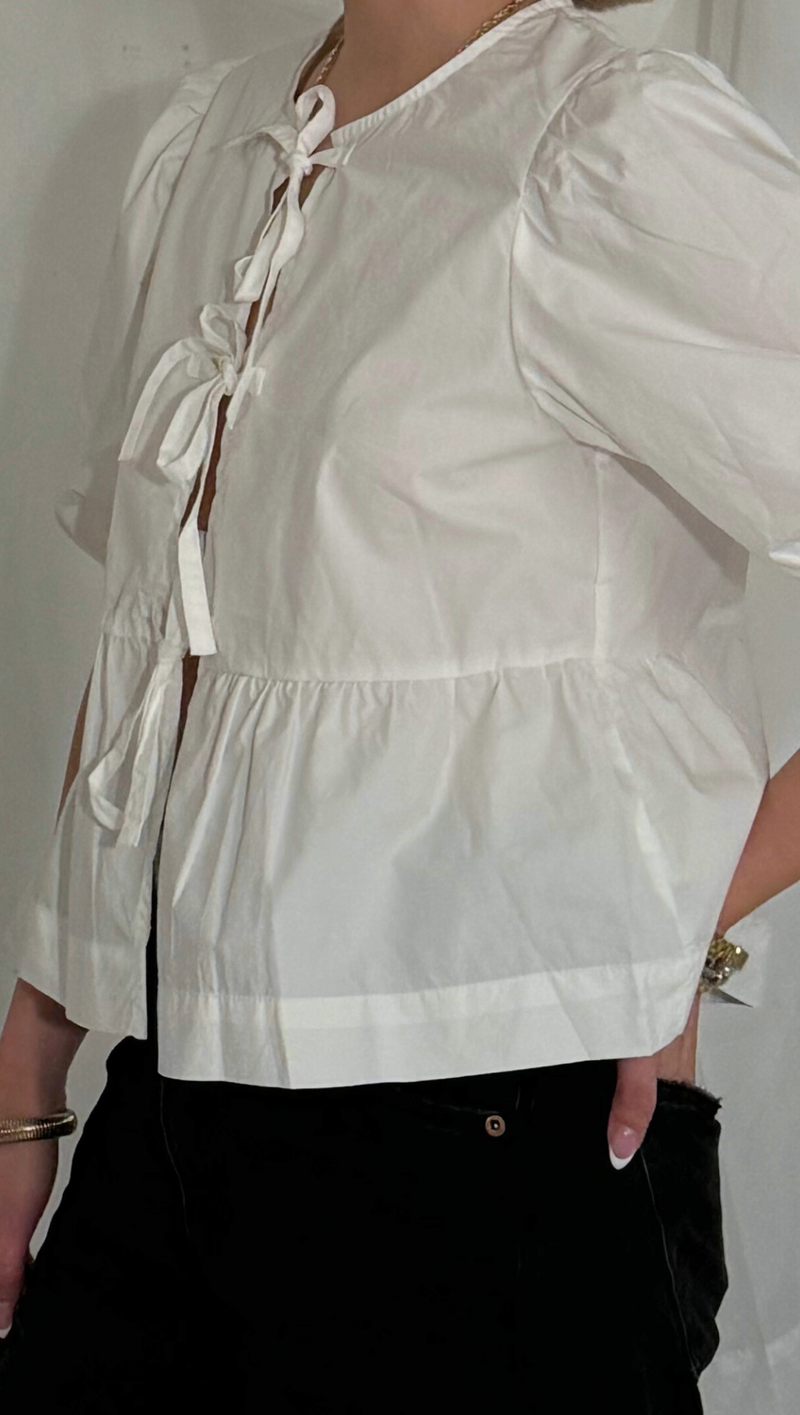 Penelope Tie Short Sleeve Blouse - Off White