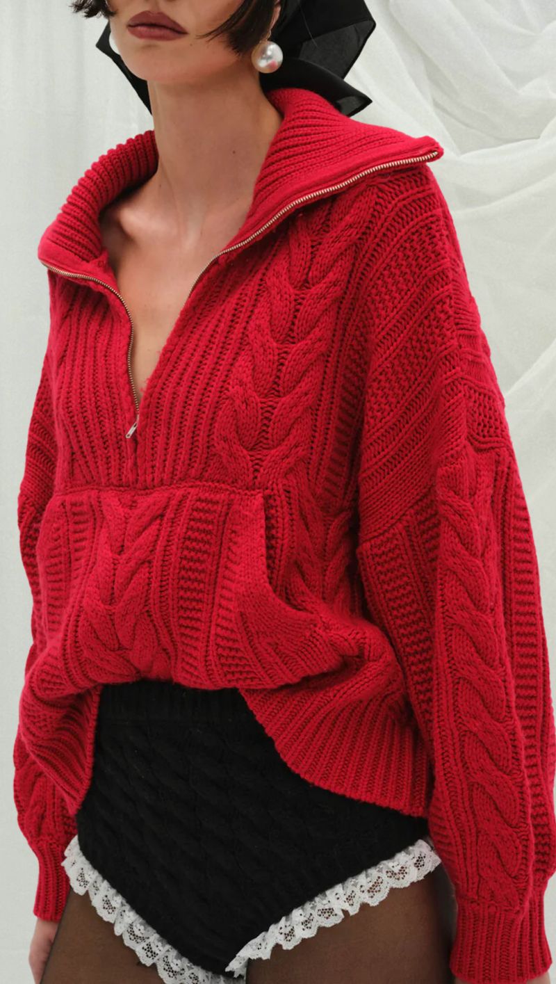 Drina Henley Knit Sweater - Red