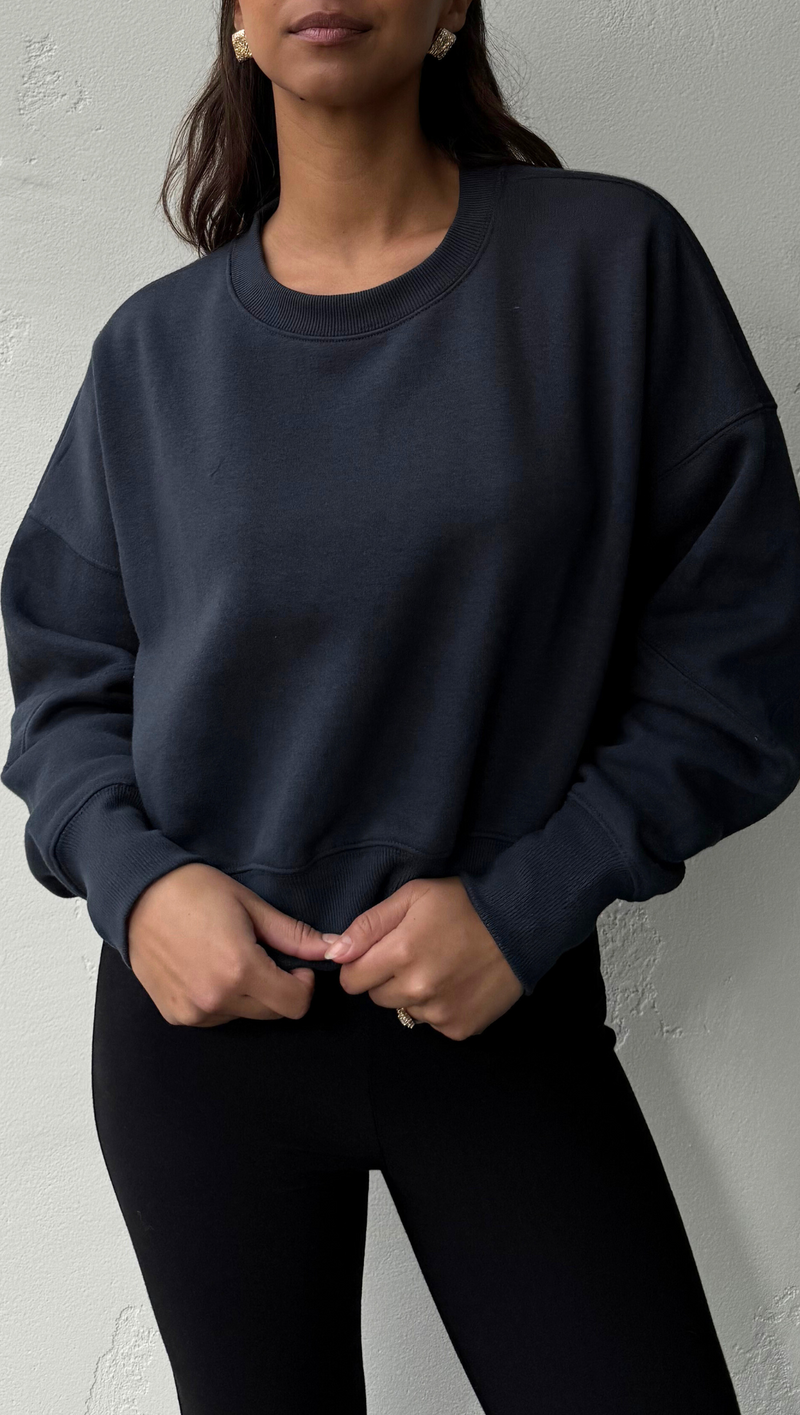 Cinched Cropped Crew - Charcoal