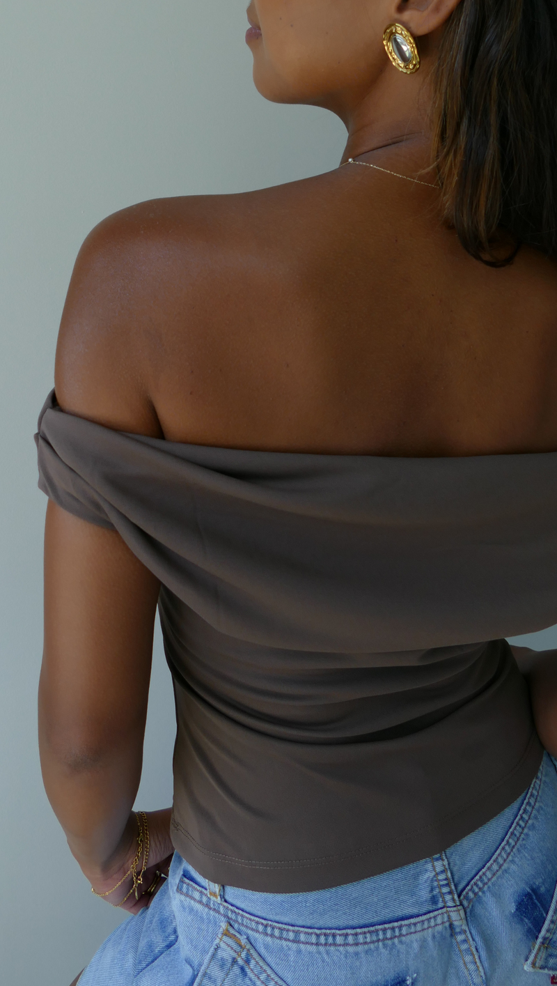 Heather Off Shoulder Tank - Mocha