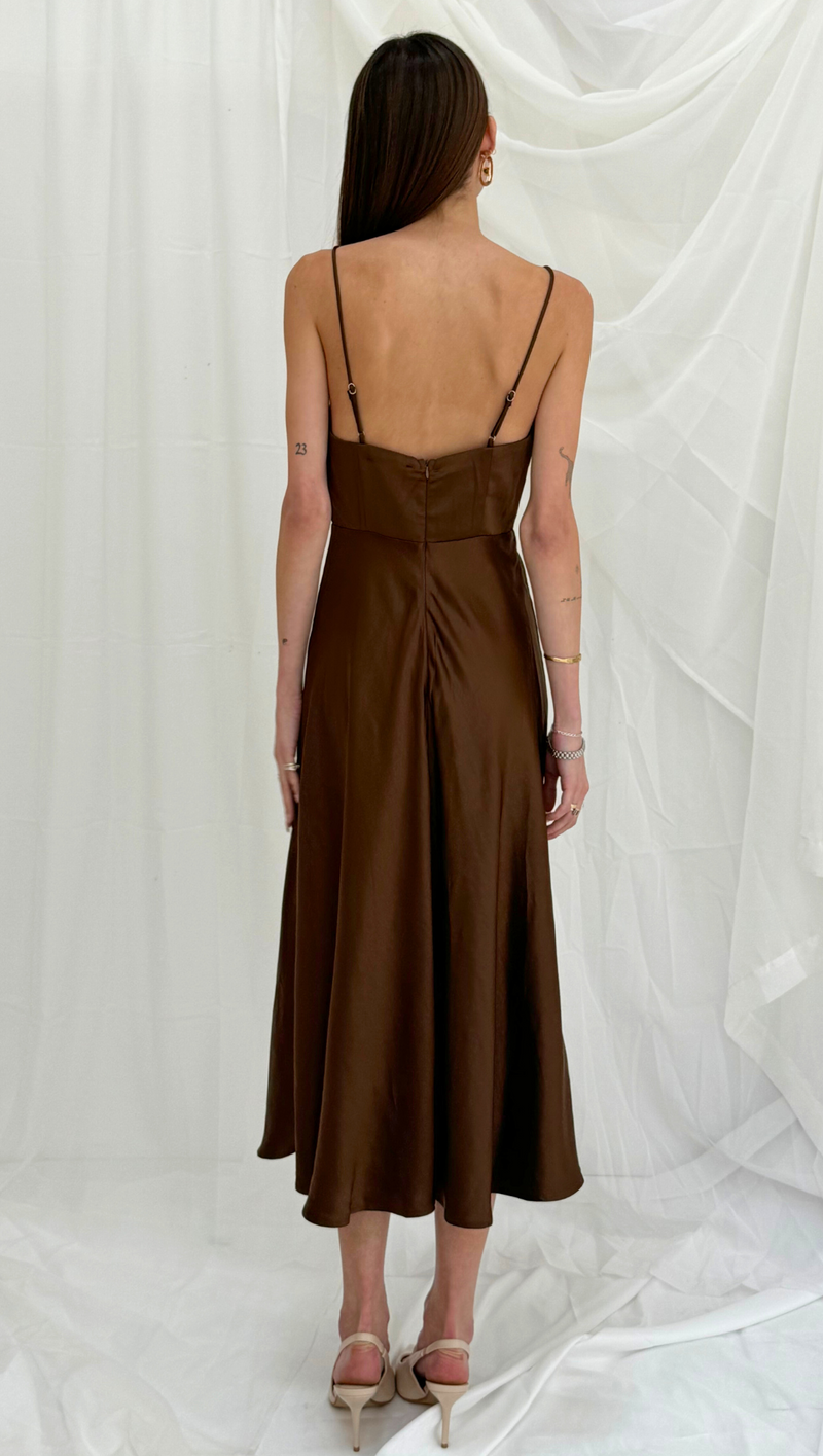 Haven Midi Dress - Brown Satin