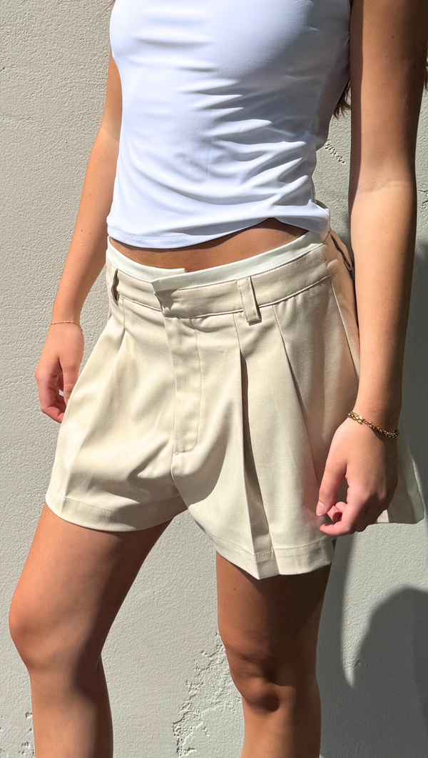 Luna Contrast Waistband Trouser Shorts - Beige