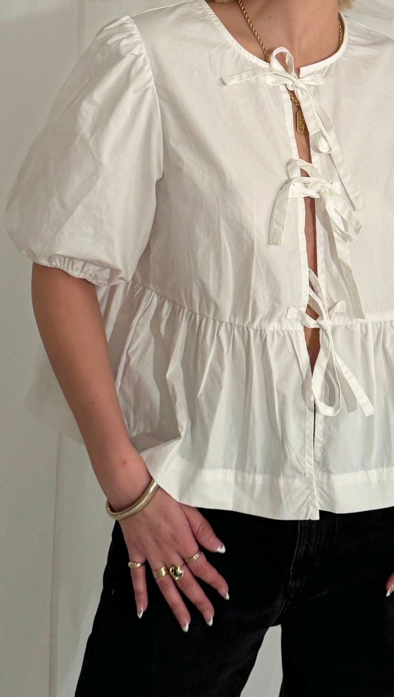 Penelope Tie Short Sleeve Blouse - Off White