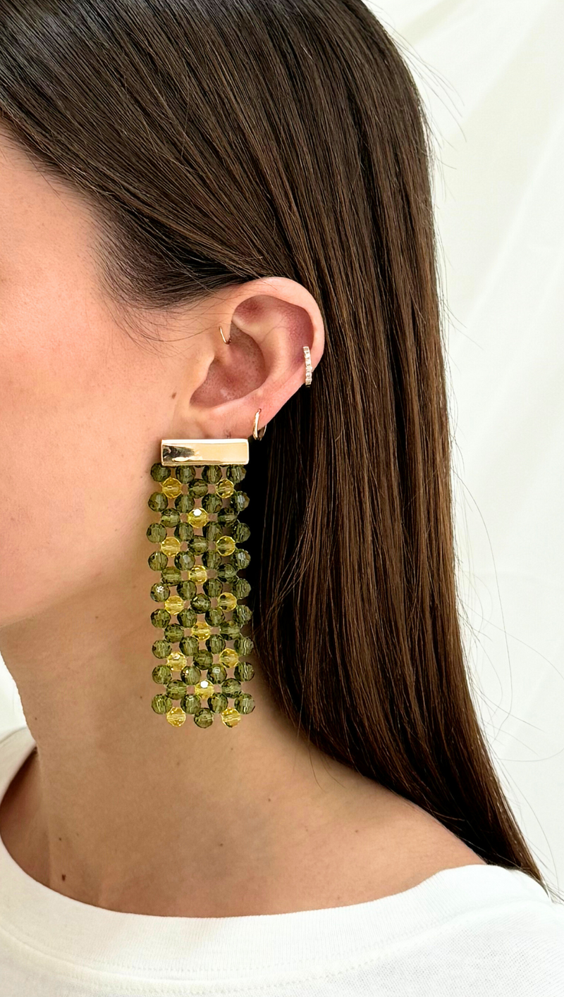 Beaded Statement Earring - Green/ Gold