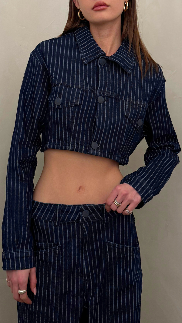 Dark Stripes Cropped Denim Jacket - Striped Jeans