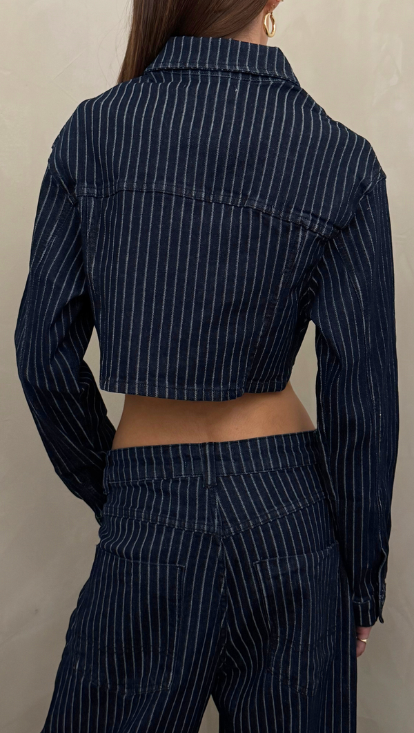 Dark Stripes Cropped Denim Jacket - Striped Jeans