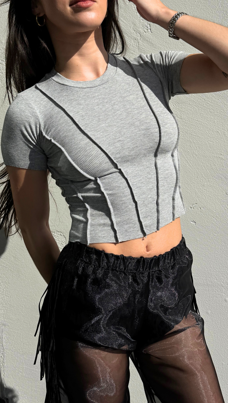 Baby Rib Seam Crop Tee - Heather Grey