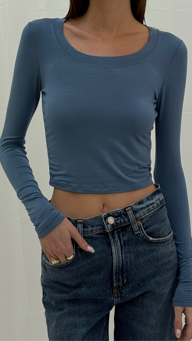 Cropped Scoop Neck L/S - Gray Blue