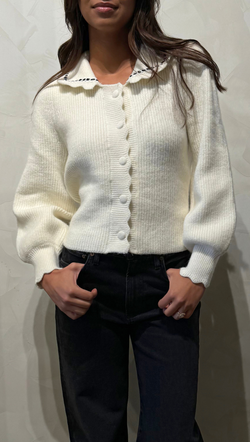 Chloe Lace Point Collared Back Tie Knit Sweater  - White