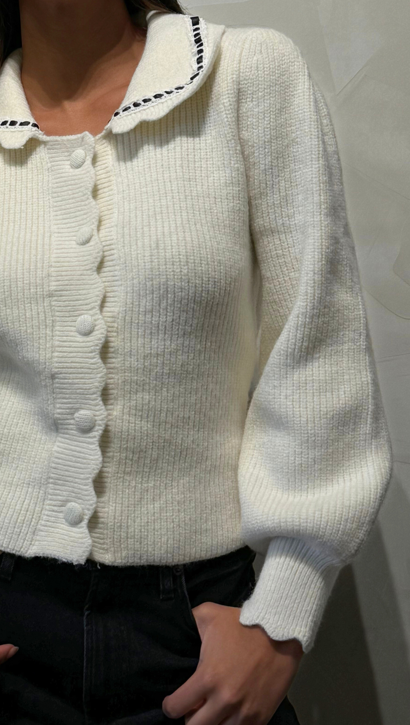 Chloe Lace Point Collared Back Tie Knit Sweater  - White