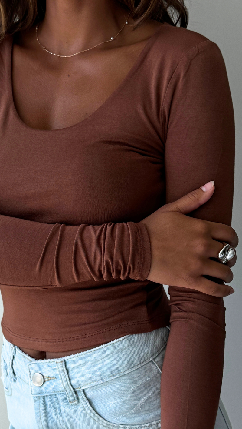 Simple Scoop Long Sleeve Top - Chestnut